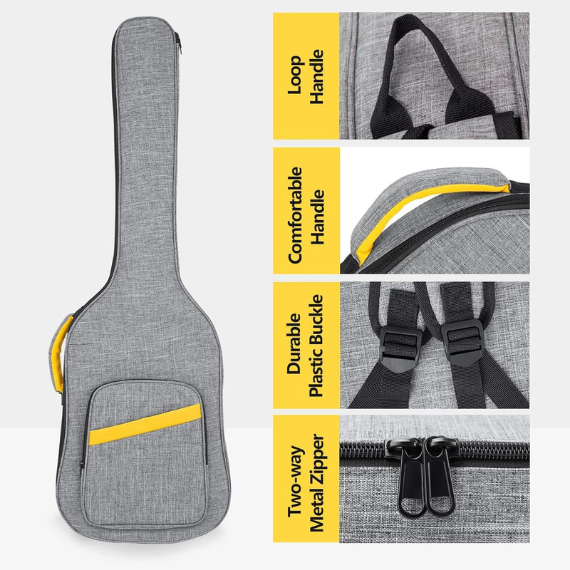 LETSROCK Bass Guitar Case, Bass Guitar Gig Bag 0.4 Inch waterproof Thick Padding Backpack Soft Bass Case Dual Adjustable Shoulder Strap Pocket & Neck Strap Gray Bass Bag