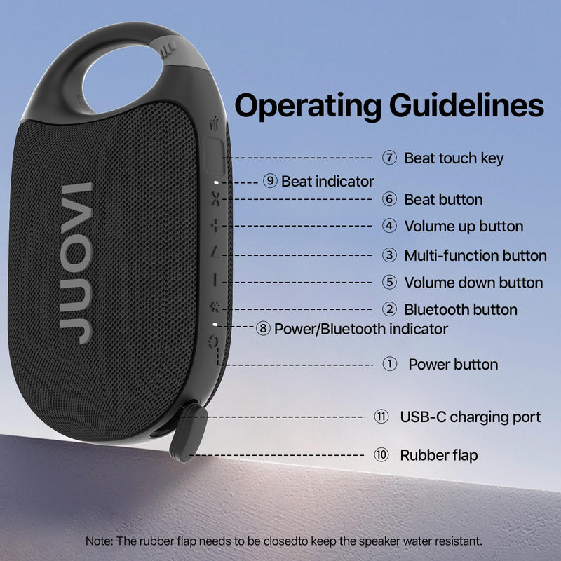 [AUSTRALIA] - JUOVI Clip Wireless Portable Bluetooth Speaker, 24H Playtime Mini Shower Speaker IP68 Waterproof & Dustproof HD Sound Integrated Carabiner, for Home Outdoor and Travel Black CLIP J1 