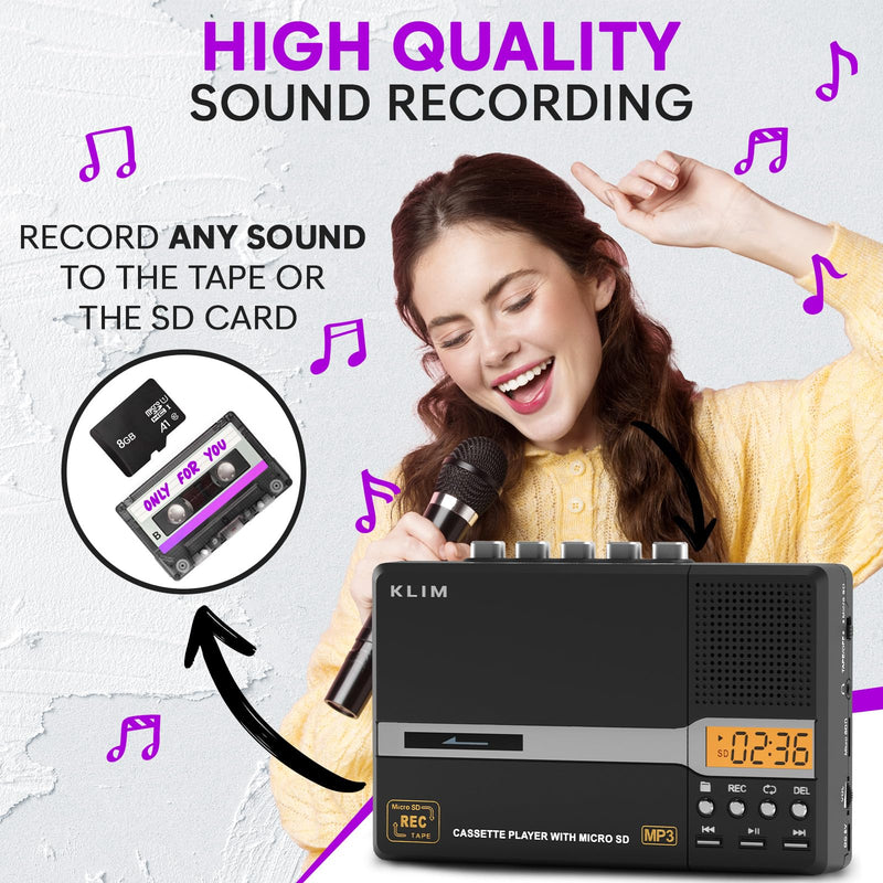 [AUSTRALIA] - KLIM K10 Portable Cassette Tape Player & Tape Recorder, Cassette to MP3 Converter + Built-in Microphone & Speaker + USB PC Transfer + Battery/USB Powered + 8GB SD Card + Earphones 