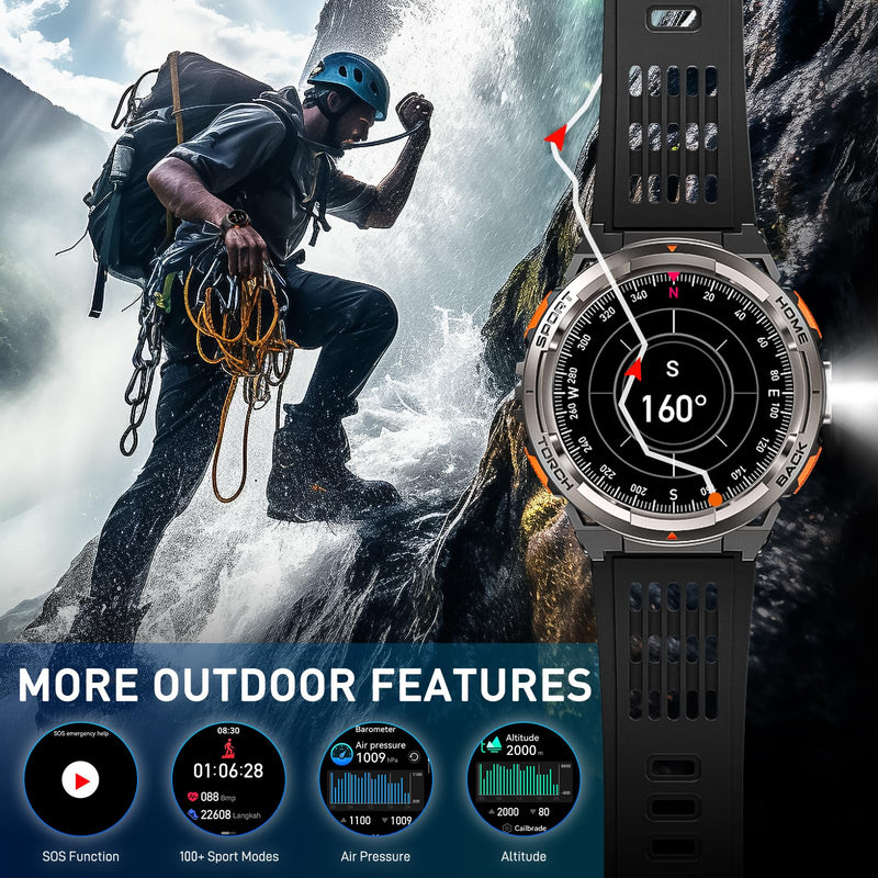 Military Smart Watches for Men with LED Flashlight Compass 3ATM Waterproof | Tactical Rugged Smart Watch with 1.45" HD, Sports Fitness Tracker with Heart Rate/SPO2/Sleep Monitor for Android & iPhone KE5-Orange Button