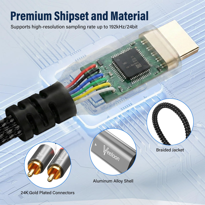 [AUSTRALIA] - HDMI ARC to 2 RCA Audio Extractor Converter Cable 8 FT for TV to Soundbar,USB Powered ARC/eARC to Dual L/R Stereo RCA Male Adapter Splitter,192KHz PCM for Sound System Speaker Amplifier,Plug & Play 8FT 