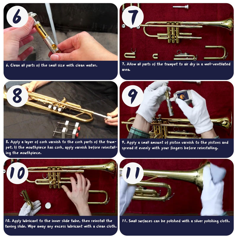 Trumpet Cleaning Kit, Clean and Care Horn, Trumpet Valve Oil Kit with Valve Oil, Slide Grease, Cork Grease, Cleaning Cloth, Mouthpiece/Valve/Bore Brushes, Polishing Cloth