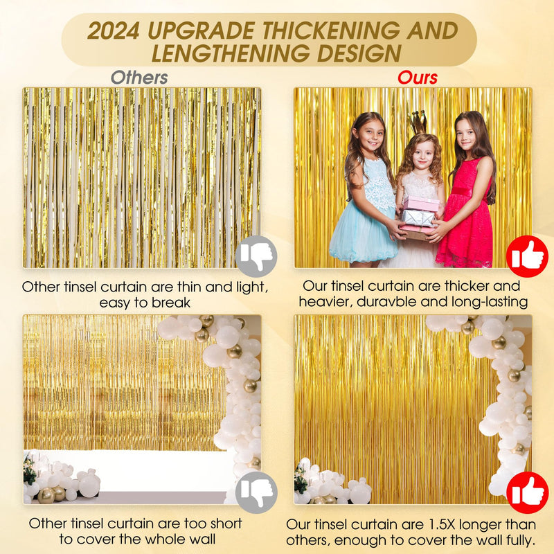 Birthday Party Decorations: 3 Pack 3.3 x 9.9 ft Gold Foil Fringe Curtains Party Supplies, Tinsel Curtain Backdrop for Parties/Birthday/Photo Booth