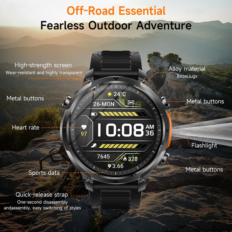 2026 New Military Smart Watches Built-in GPS and Compass with Heart Rate/SpO2/Sleep Monitor, 1.7" HD Display Outdoor Smartwatch with 720MAH/Flashlight/Bluetooth/100+Sports Modes, Android iOS Black