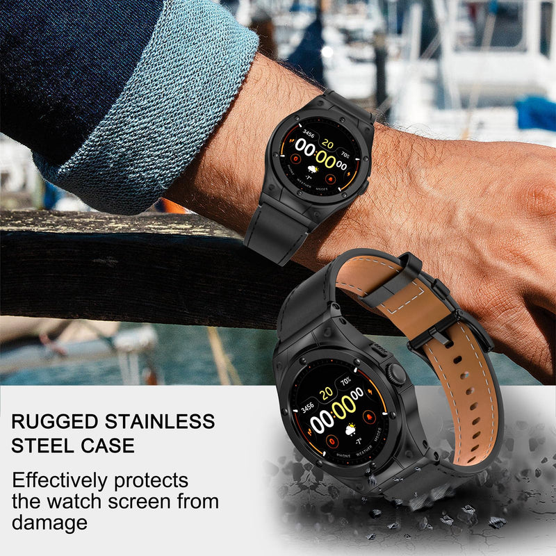 MioHHR Leather Bands with Stainless Steel Case for Google Pixel Watch 45mm | 41mm Metal Cover and Genuine Leather Strap Compatible with Pixel Watch 3/2/1 for Men Women,Comfort,Durability Black 45mm for Google Pixel Watch 3