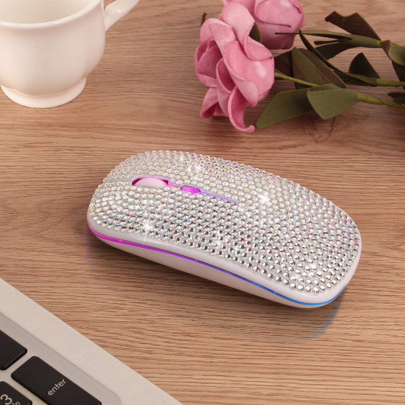 Attoe Bluetooth Mouse,Bling Dazzling 2.4GHz Rechargeable Wireless Mouse Slim Mouse with USB Receiver,Compatible with Notebook,PC,Laptop,Computer,MacBook,Great Gift idea for Her (White) White