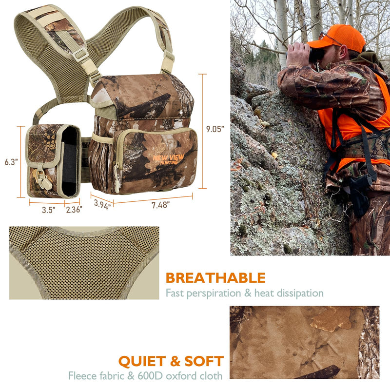 NEW VIEW Binocular Harness Chest Pack with Detachable Rangefinder Pouch, Adjustable Bino Harness & Rain Cover, Ideal for Hunting, Hiking - Camo & Quiet L