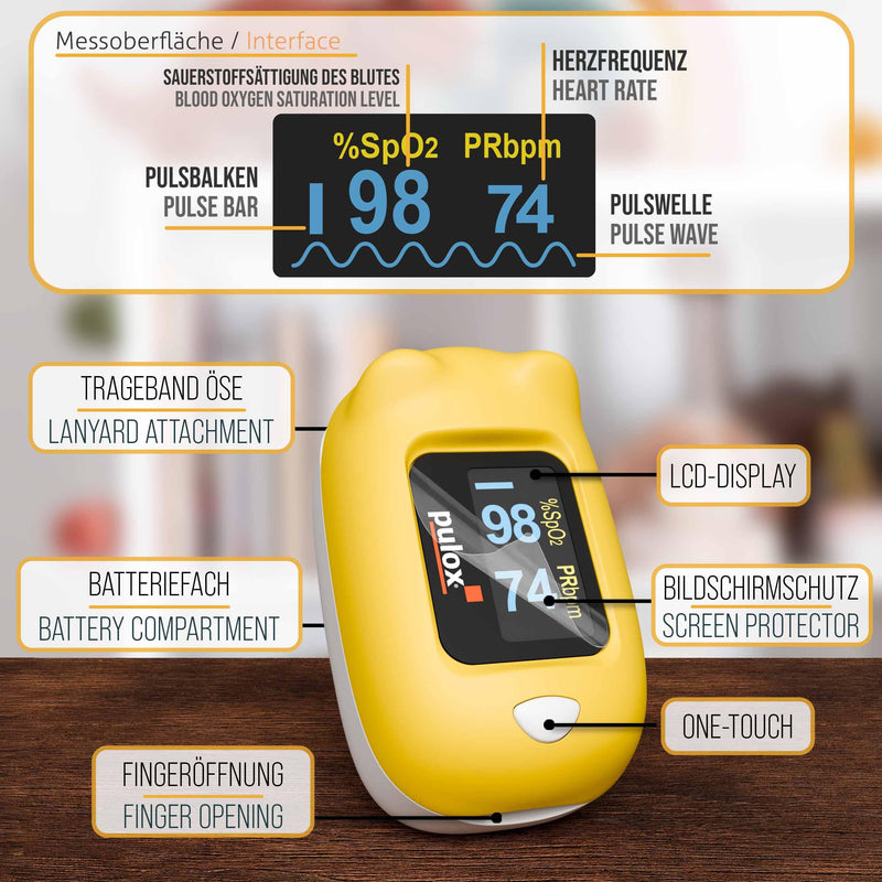 Pulox PO-230 Finger Pulse Oximeter for Children in Yellow, Measurement of SpO2 and Pulse in Seconds - with Stickers to Stick Yourself