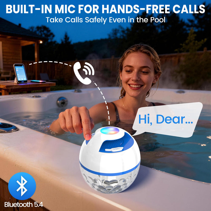 Luxfero Floating Bluetooth Pool Speaker with RGB Lights, Hot Tub Speaker | Top & Bottom Lights, Bluetooth 5.4, 6W, 360° Surround Sound, Hands-free Call, IP68 Waterproof, Type-C Charging, Portable White