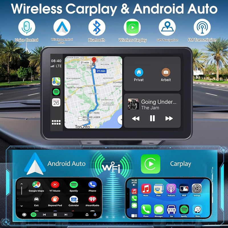 [AUSTRALIA] - Wireless Apple Carplay Screen for Car, 7" HD Touchscreen with Portable Apple Carplay & Android Auto Car Stereo with Backup Camera, GPS Navigation/Mirror Link/Voice Control/Bluetooth 7inches 
