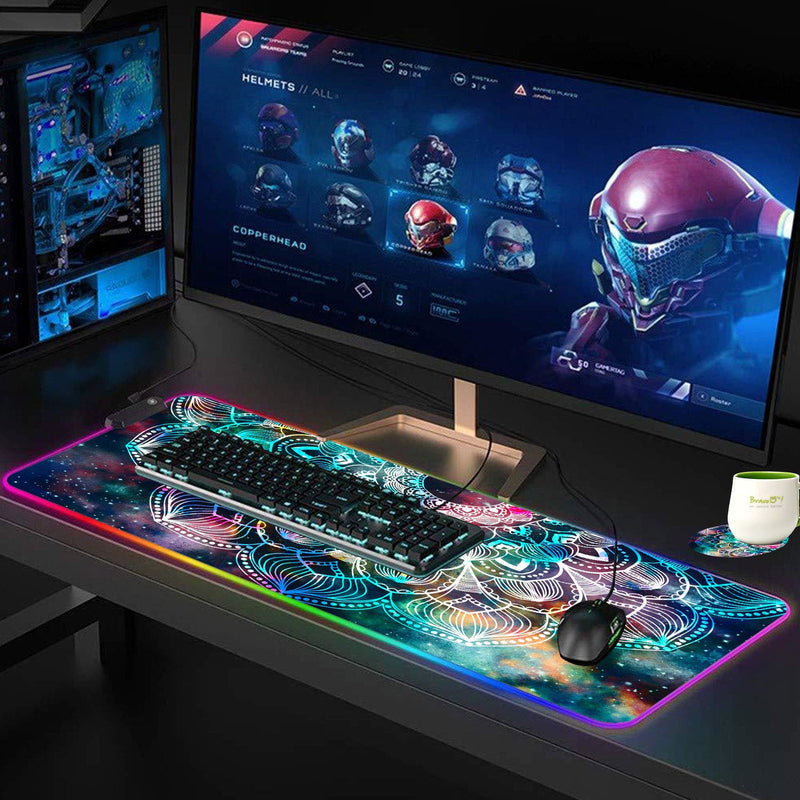 RGB Gaming Mouse Pad and Coasters Set,Mandala in Galaxy Extended Soft Led Mouse Pad with 10 Lighting Modes, Anti-Slip Rubber Base,Computer Keyboard Mouse Mat 800 x 300mm / 31.5×11.8 inches Mandala in Galaxy