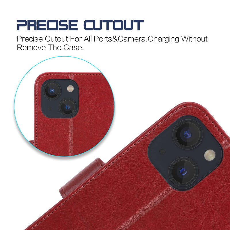 Arae Compatible with iPhone 13 Case[Not for iPhone 13 Pro.] with Card Holder and Wrist Strap Wallet Flip Cover for iPhone 13 6.1 inch-Wine Red iPhone 13(6.1") Wine Red