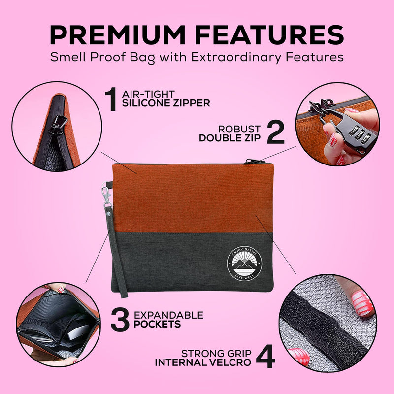 Smell Proof Bag with Lock 11" x 9", Smell Proof Container, Dog Tested Odor resistant Bags, Best Zipper odor sealing pouch for Herbs, Coffee & Travel Medicine, Scent resistent Containers Orange & Gray Large 11"x9"