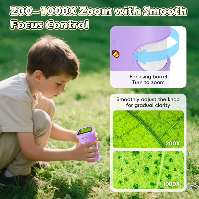 [AUSTRALIA] - Alotwan Kids Digital Microscope 1000X Zoom, Mini Pocket Handheld Microscope with Camera/Video/Telescope Function, Portable Outdoor Travel Toys for Boys Girls 3-8 Years STEM Gifts, 8GB SD Card Included Purple 
