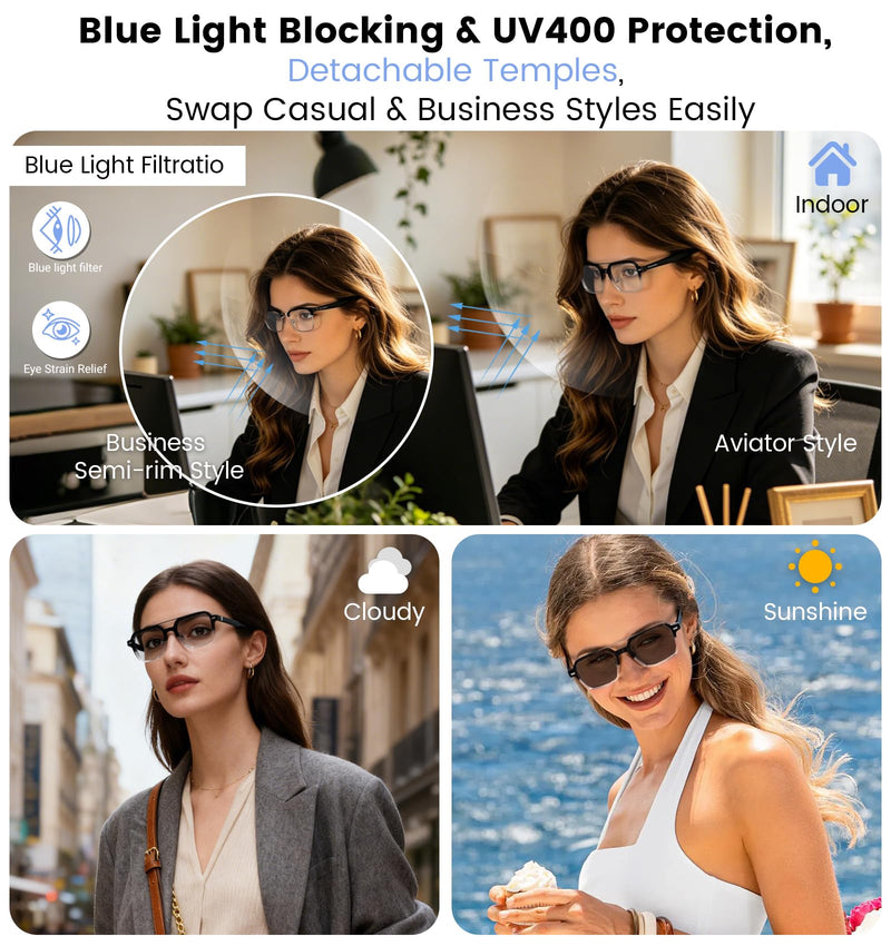 Smart Audio Bluetooth Glasses for Men & Women – Wear-Induction Auto On/Off, Photochromic + Blue Light Blocking Interchangeable Frames, AI Real-Time Translation Smart Sunglasses, Hands-Free Calls Photochromic Lenses+Anti-Bluelight Lenses