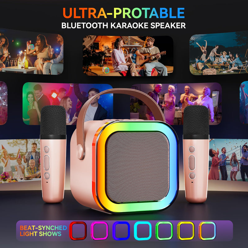 Karaoke Machine for Kids Adults, Portable Bluetooth Mini Karaoke Microphone Singing Speaker with 2 Wireless Mic and Light,Toys for All Smartphones,Birthday, Family,Home Party (Rose Gold) rose gold