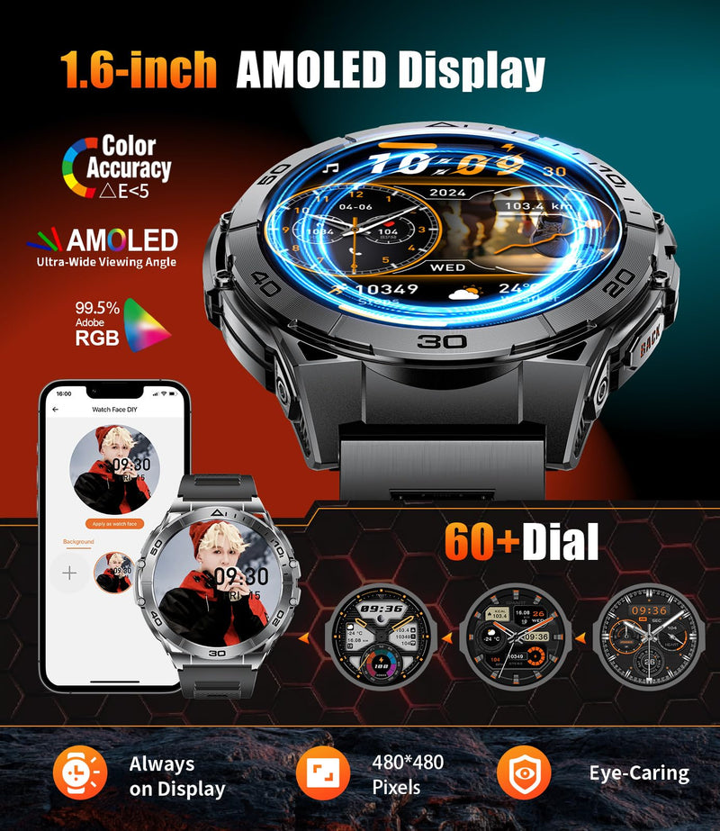 LIGE Military Smart Watch for Men, 1.6'' AMOLED Rugged Smart Watch with 600mAh Battery/Heart Rate/Blood Pressure/Sleep Monitor,IP68 Waterproof Fitness Tracker Watch for Android iPhone Gery Gray
