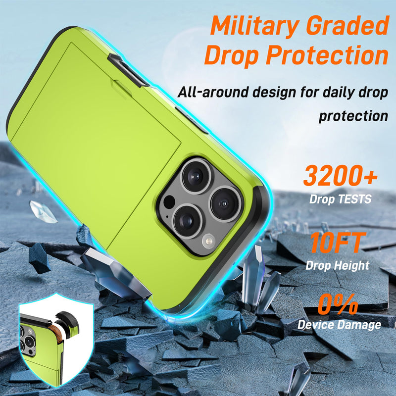 Pilaru for iPhone 16 Pro Max Case with Card Holder【2 Pcs HD Screen Protector】Slim Heavy Duty Dual Layer Shockproof Design【Hidden Card Slot 】Wallet Cases for iohone 16 Pro Max Case 6.9 inch-Neon Green for iPhone 16 Pro Max Case 6.9" (3 Lens) Neon Green