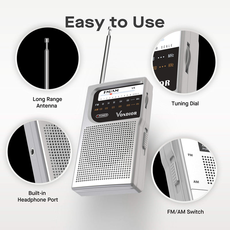 AM FM Battery Operated Portable Pocket Radio - Best Reception and Longest Lasting. AM FM Compact Transistor Radios Player Operated by 2 AA Battery, Mono Headphone Socket, by Vondior (Silver) Silver