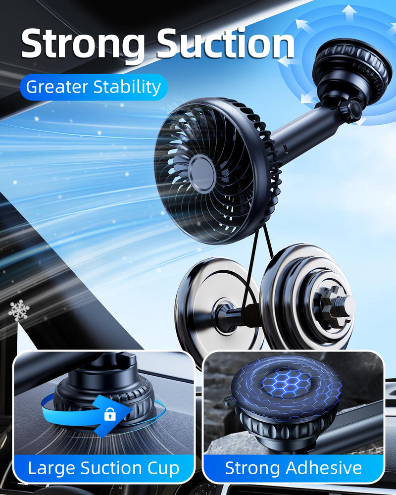 Suction Cup Car Cooling Fan for Window Dashboard Backseat, 5000Mah Battery Powered Rechargeable USB Car Fans That Blow Cold Air, Cooler for Semi Truck Rv Van Tractor Cab Vehicles without Ac