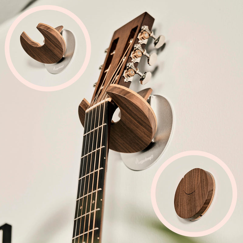 World’s Only Collapsible Guitar Hanger Wall Mount Bracket for Guitars & Basses - Patented Danish Design - Space Saving - Scratch Proof - Guitar Accessories, Wall Hooks for Hanging | Walnut Wood