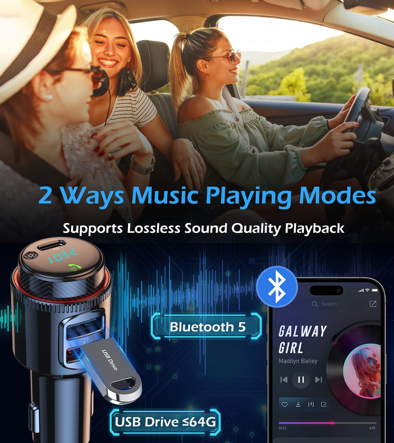 [AUSTRALIA] - LIHAN Bluetooth 5.4 Car FM Transmitter, Wireless AUX Adapter with USB-C PD 30W & QC3.0 18W Dual Fast Charging, HiFi Bass EQ, CVC Hands-Free Calls, Siri/Google Assistant, 12V/24V Cars/Trucks/Vans 