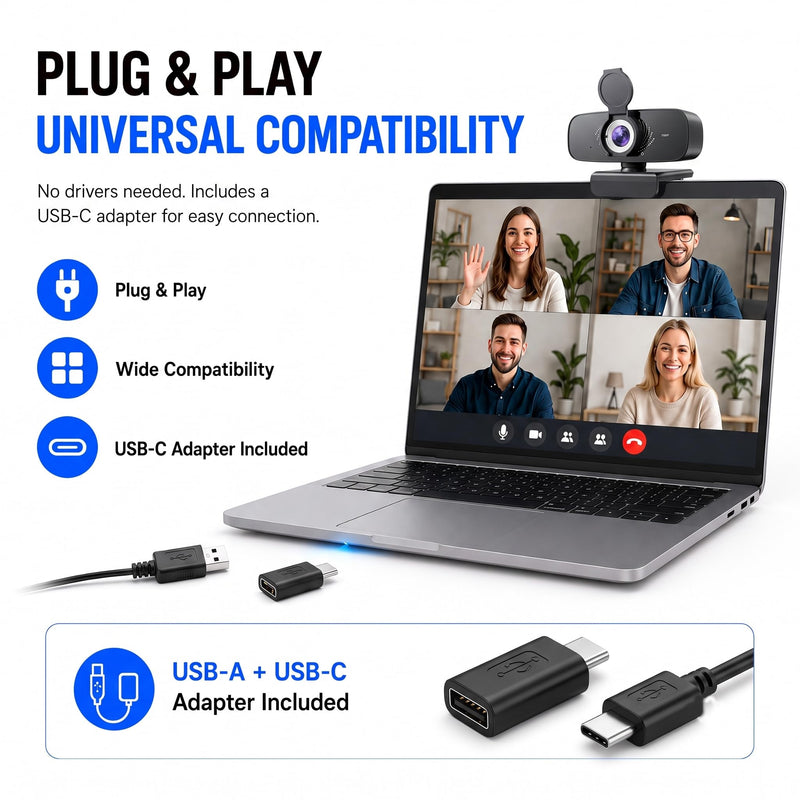 1080P Webcam with Microphone, Privacy Cover & USB-C Adapter | 105° FOV, Fixed Focus, Auto Light Correction, Plug & Play USB-A Camera with Tripod for Zoom, Teams, FaceTime and YouTube 1080p