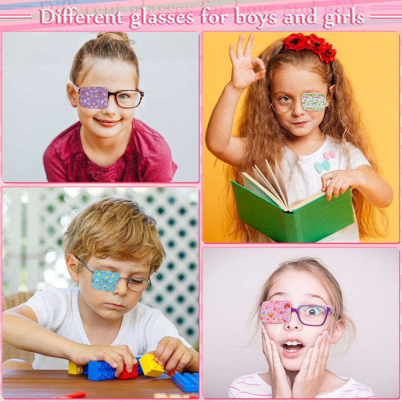 Haysandy 4 Pcs Eye Patches for Kids Reusable Eyepatch for Glasses to Cover Either Eye, Pink Blue Green White, 4 Styles (Dino Flower Outer Space Ice Cream) Dino Flower Outer Space Ice Cream