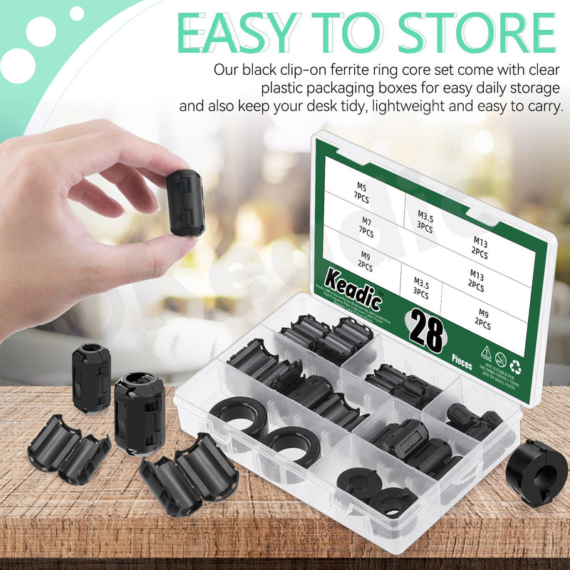 Keadic 32Pcs Clip-on Ferrite Ring Core RFI EMI Noise Suppressor Cable Clip Set, Anti-Interference Cable Clip for 3.5/5/7/9/13/15/16mm Inner Diameter Telephones Tvs Speakers Radio Audio