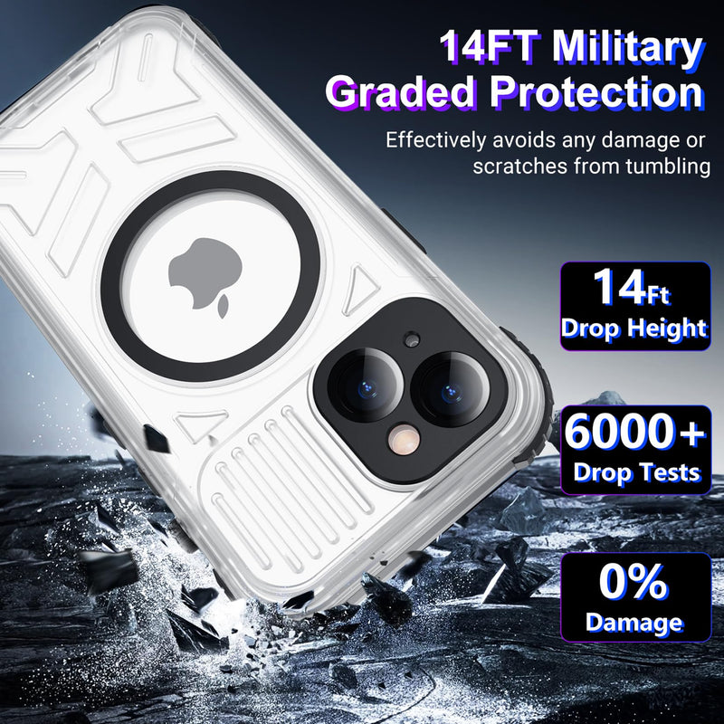 2024 Upgrade for iPhone 15 Case Waterproof,[Compatible With MagSafe][Built-in Screen&Camera Protector][Full Body Dropproof][IP68 Underwater][Clear Sound]Shockproof Phone Case 6.1"Black/Clear Black/Clear
