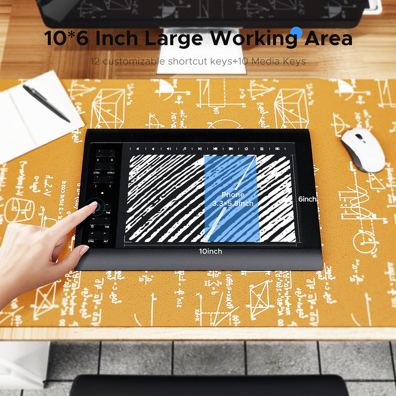 Graphics Drawing Tablet, 10x6 Inch Large Pad Tablets with 8192 Level Pen for PC and Computer,12 Hot Keys,Digital Design Pad Compatible with PC/Mac/Android for Painting,Design&Online Teach 10 x 6 Inch Without Stand