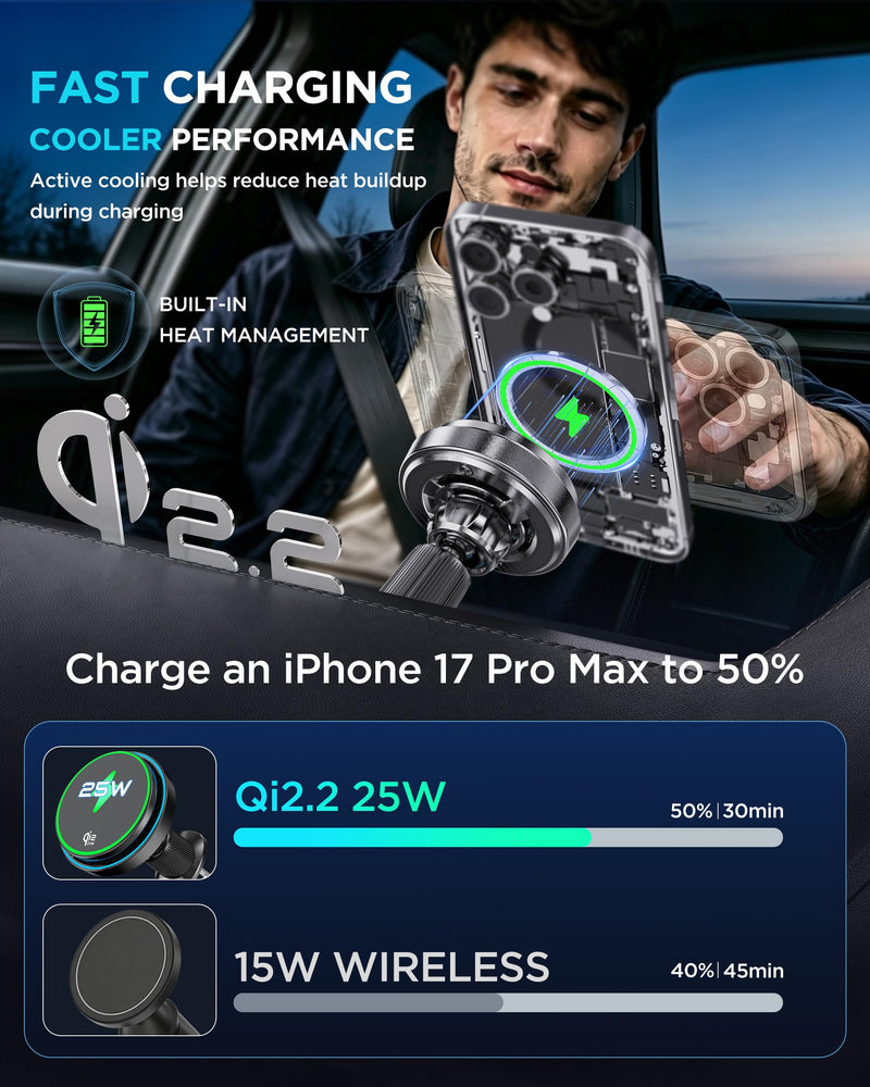 MSXTTLY Qi2.2 25W Certified for Mag Safe Car Mount Charger，Car Vent Charger | Smart Cooling Fan, 2 in 1 Stable 25W Fast Charging Magnetic Phone Holder for iPhone 17/16 series with iOS 26,Galaxy S26 Ultra