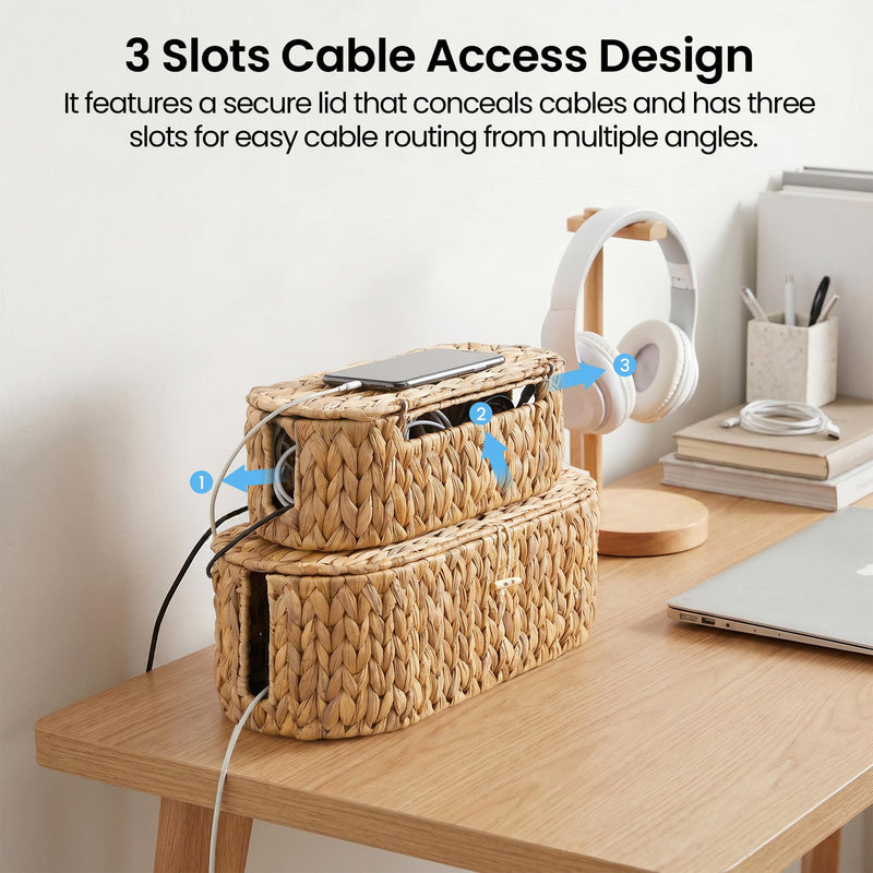 Set of 2 Cable Management Box, Handwoven Cord Hider Box with 3 Open Slots | Cable Organizer Box with Lockable Lid, Cord Storage Box to Hide Power Strip, Router, USB Hub, TV Wires for Home, Office Water Hyacinth