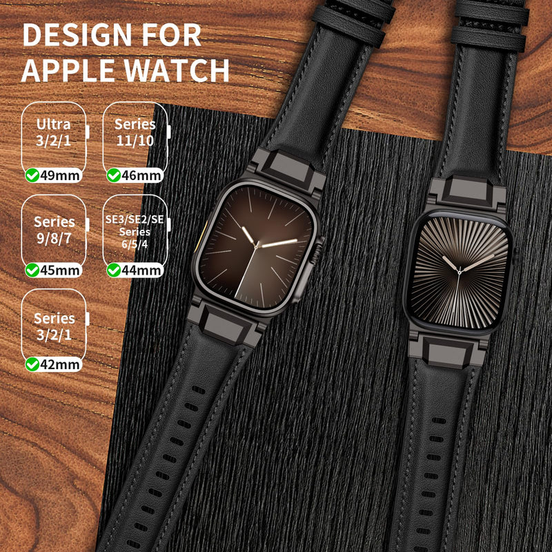 Leather Bands Compatible with Apple Watch Ultra 3/2/1 Band 49/46/45/44/42mm Men, Genuine Leather Metal Connector Strap for iWatch Ultra Series 11/10/9/8/7/SE/6/5/4, Black/Black+Brown/Titanium
