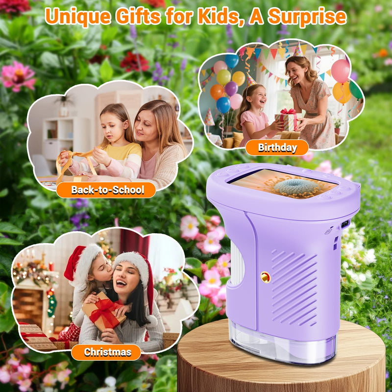 Pocket Kids Microscope, 1000X Handheld Microscope for Kids w/2.4'' Screen, Photo Video Mini Portable Microscopes Science Edu Digiscope, Christmas Birthday Gifts Ideas for Kids Ages 3-12 (Purple) Purple