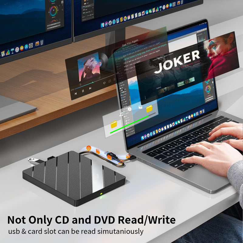 Alxum External CD DVD Drive for Laptop, 8 in 1 Portable Disc Reader Burner | External CD DVD Drive, USB Optical Disc Drive CD ROM DVD Player Rewriter with Multiple Ports for Windows/Mac OS/Linux/Vista Black