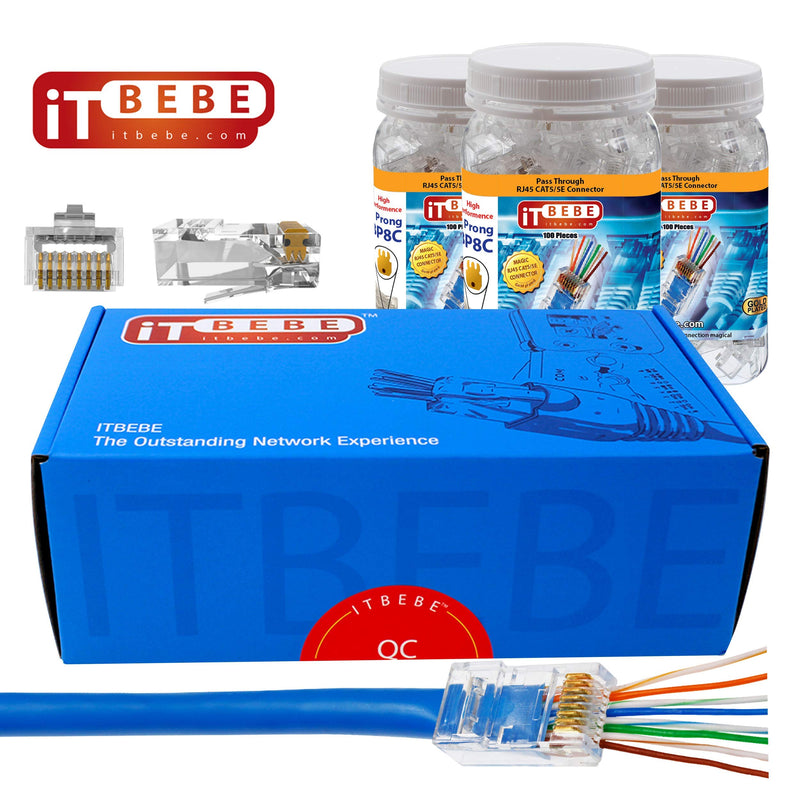 ITBEBE 300 Pieces - Gold Plated RJ45 Cat5, Cat5e Pass Through Connectors - 3 Prong 3u Pass Through 8P8C UTP Jack Ends Quantity 300