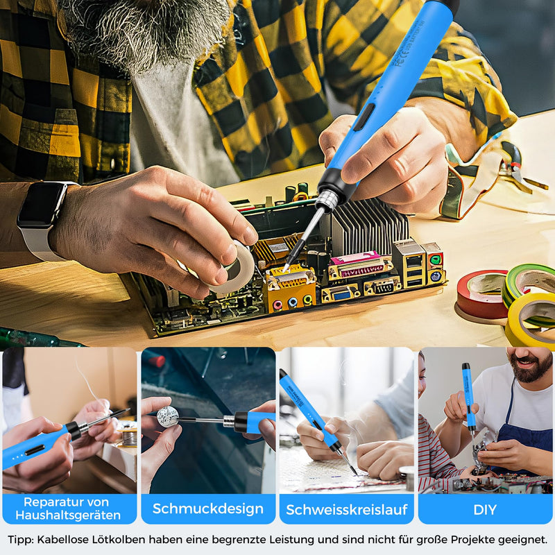 Wireless Soldering Iron Set - USB Soldering Iron with 3 Temperature Adjustable 300°C - 450°C, 3 Soldering Tips, Soldering Iron Stand, Soldering Wire, Soldering Paste, KKMOL Soldering Set for Repair of Blue