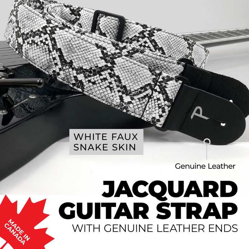 Perri’s Leathers Faux Snake Skin Guitar Straps, 39" - 58", White, Jacquard Patterned, Adjustable Length, Leather Ends, Non-Slip & Durable, Electric, Bass, Acoustic Guitar Strap 39" to 58"