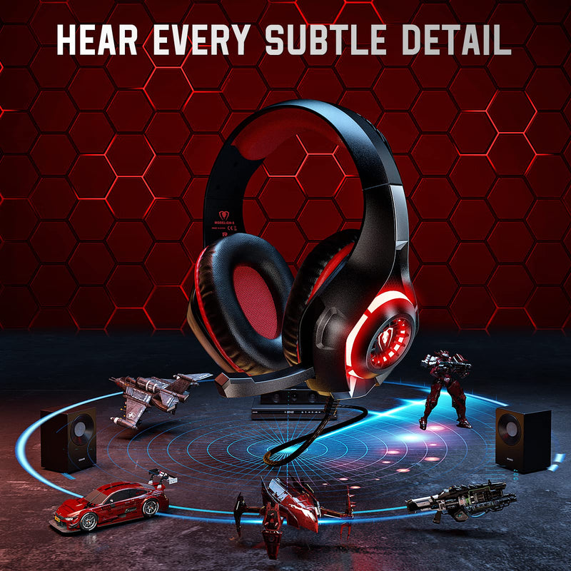 Gaming Headset for PS4 PS5 Xbox One Switch PC with Noise Canceling Mic, Deep Bass Stereo Sound (Black Red) Black Red