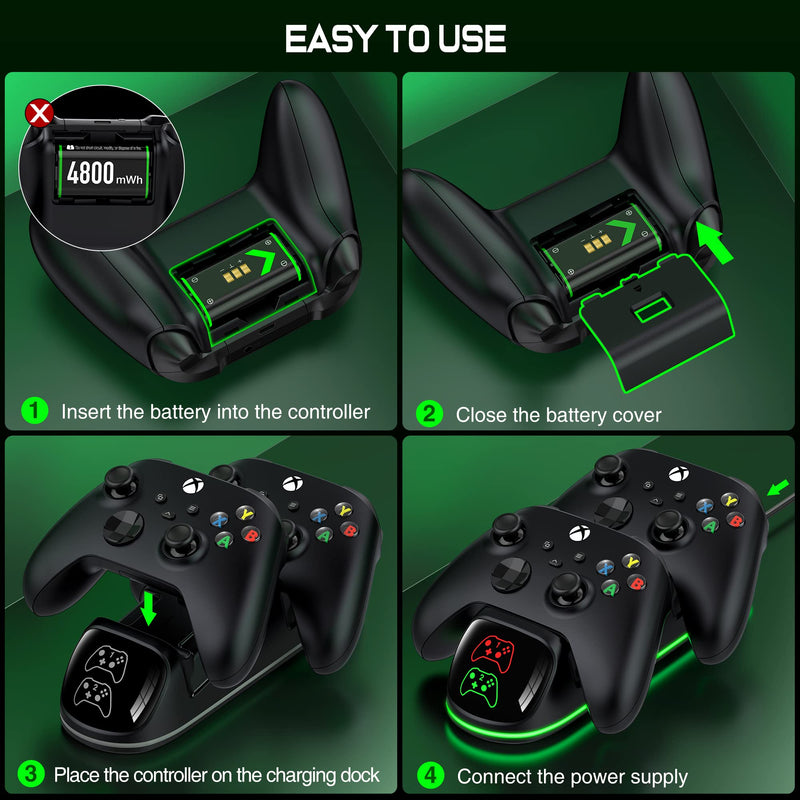 Controller Charger Station with 2x4800mWh Rechargeable Battery Packs for Xbox One/Series X|S Controller, Dual Charging Dock for Xbox One Controller Battery Pack with 4 Batteries Covers for Xbox 4800mWh