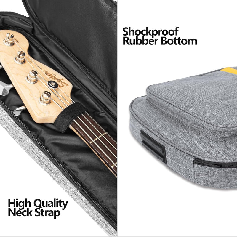 LETSROCK Bass Guitar Case, Bass Guitar Gig Bag 0.4 Inch waterproof Thick Padding Backpack Soft Bass Case Dual Adjustable Shoulder Strap Pocket & Neck Strap Gray Bass Bag