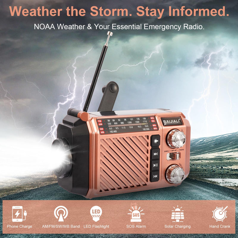 Hand Crank Emergency Weather Radio with 2600mAh/9620mWh Power Bank, NOAA AM FM Shortwave Portable Radio, Solar & USB-C Charging, Flashlight, SOS Alarm for Emergency Kits (Brown) Brown