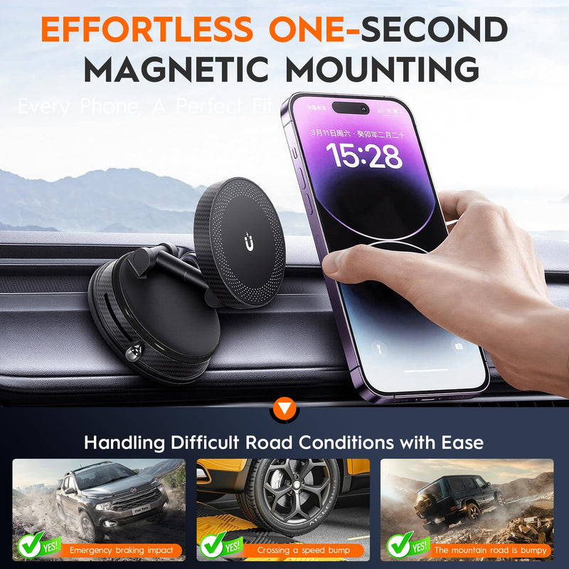 Magnetic Car Phone Holder for MagSafe, 15W Wireless Charging, 360° Adjustable Dashboard Mount, Compatible with iPhone 12-17 & Android (Black) Black
