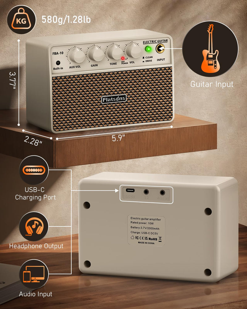 FBA-10 Guitar Amp, 10W Mini Electric Guitar Amplifier with Clean/Drive Channel, 6H Working, USB-C Rechargeable, 3.5mm Headphone/AUX Jack, Wireless Portable Amp for Indoor Practice (White) White