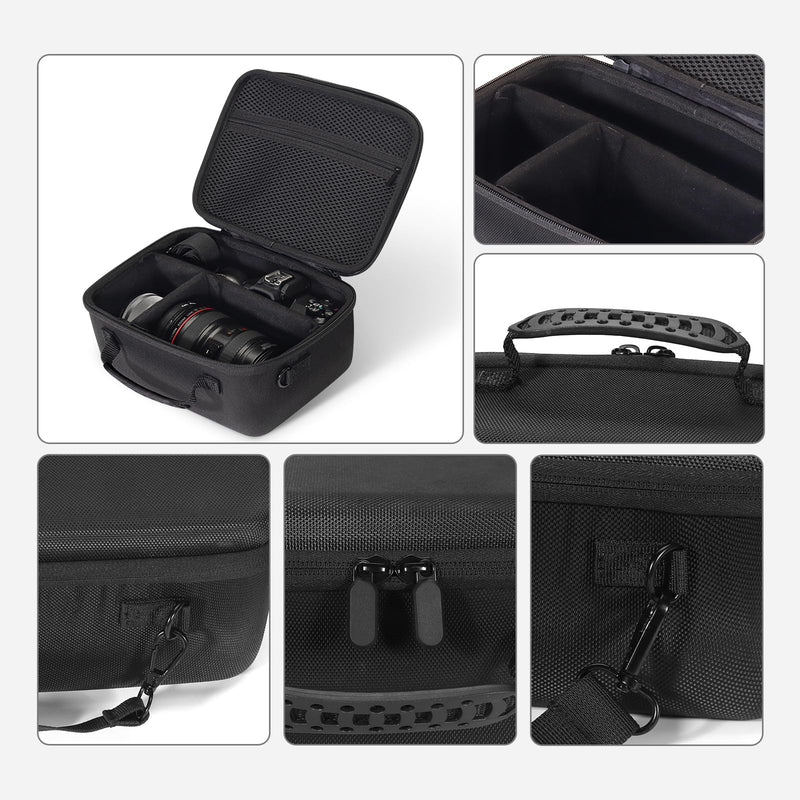 Universal camera case hard waterproof shell EVA interior lined shock-absorbent with dividers and shoulder strap Internal dimensions 8.4 x 5.7 x 3.5" for Canon/Sony/Nikon/Fujifilm mirrorless cameras