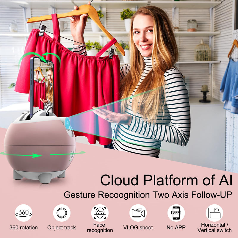 Auto Tracking Phone Holder, Auto Face Tracking Tripod, 360° Rotation Face Body Phone Tracking Tripod, AI-Powered Face Tracking,No APP Live Vlog Tiktok Video-Pink