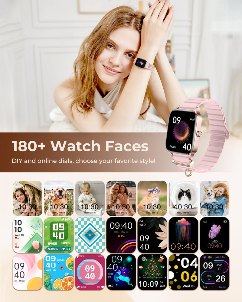 Iaret Smart Watch for Women, 4 Bands 1.85" DIY Dial Smartwatch with Bluetooth Call, Fitness Tracker with 100 Sports Modes Heart Rate Sleep Monitor Pedometer Compatible with iPhone & Android Rose