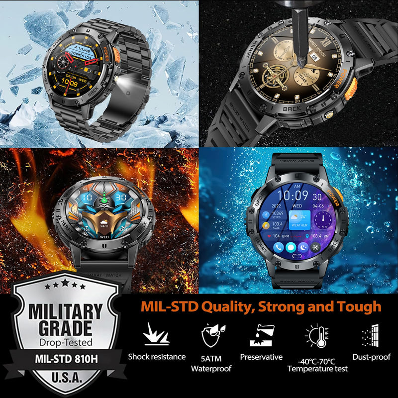 Military Smart Watches for Men, Answer/Make Calls, Fitness Tracker with Heart Rate/Sleep Monitor/3 Straps/Flashlight, 100+ Sport Modes, IP68 Waterproof Rugged Watch for iPhone/Android Phones, AllBlack