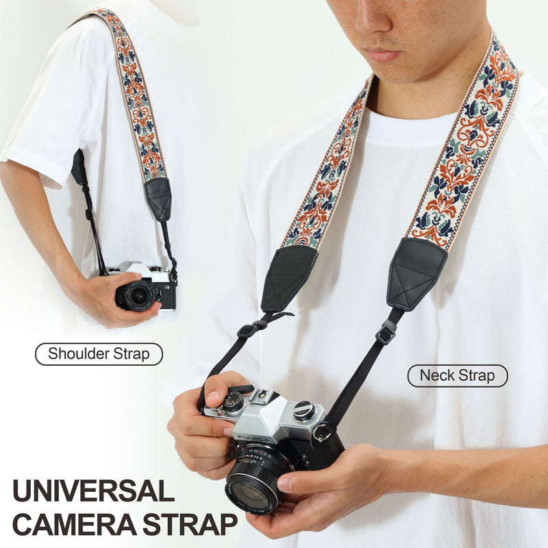 Padwa Lifestyle Camera Strap - 2" Retro Jacquard Embroidery Camera Straps Adjustable,Wide Camera Neck/Shoulder Strap with Genuine Leather Head for All DSLR/SLR Digital Cameras(White Classic Flower) Vintage Elegant White 2"Wide / Adjustable 39~57"